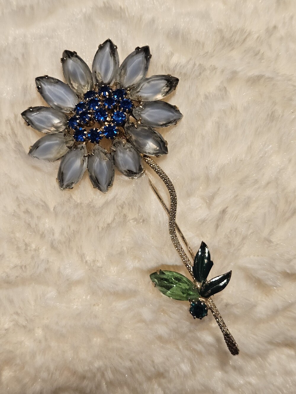 Vintage Flower Brooch Blue Smokey Glass Rhinestone Weiss Style Unsigned 1950s